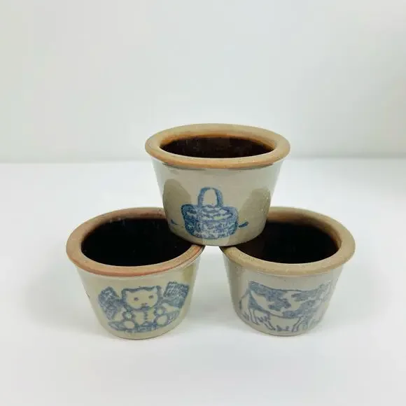 Vintage Miniature Stoneware Crocks Glazed Set of 3 Blue Basket Bear Cow - Picture 1 of 8
